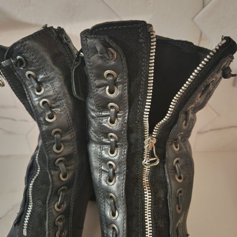 Black Leather Lace Up Zipper Block Heel Ankle Boots Women's Size 39 - Picture 6 of 8